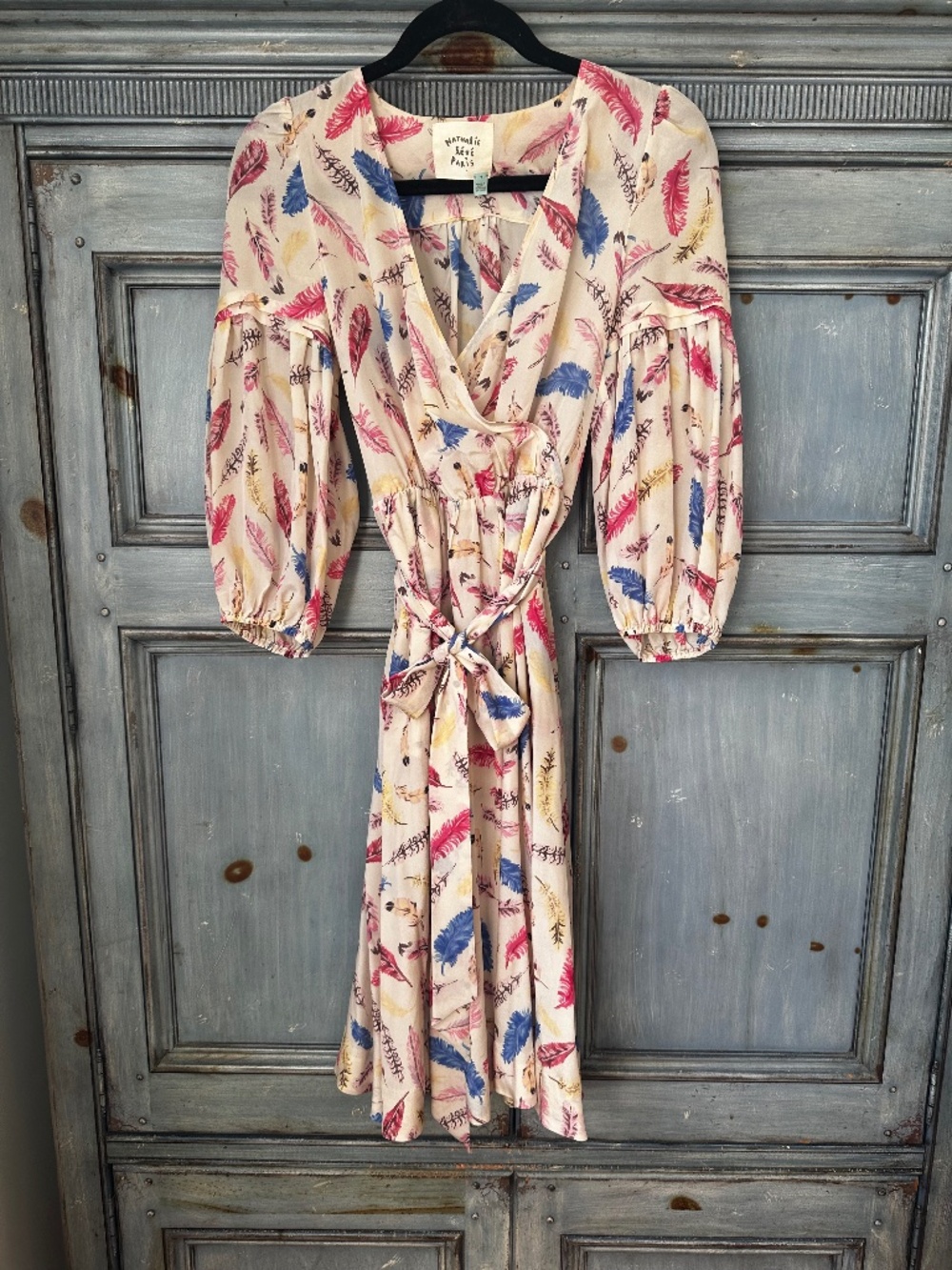 Nathalie Lete Paris Galah Feather 100% Silk Midi A-Line Dress Size 4
